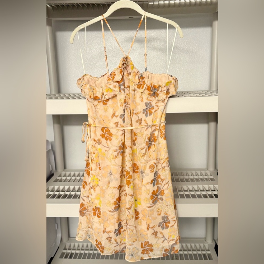 NWT Joie Uma Halter Neck Silk Minidress Apricot Buff Multi Size M